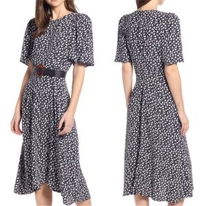 Something Navy Strong Shoulder Floral Midi Dress